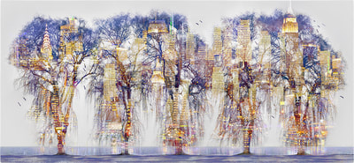 trær, by, new york, dobbel-eksponering, liggende format, grafisk kunst, grafikk, kunst